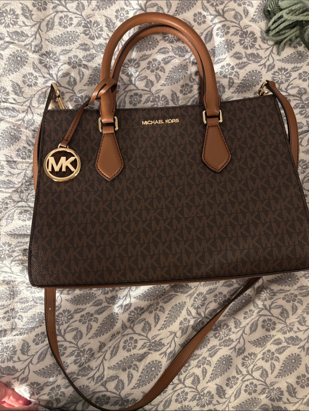Michael Kors Brown Signature Satchel with Tan Trim and Gold Hardware